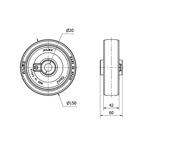 RUEDA PO150-20-60 NUCLEO NYLON BLANCO Y BANDA POLIUR.ROJO EJE LISO