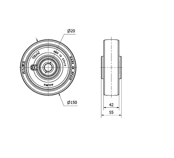 RUEDA POB150-20-55 NUCLEO NYLON BLANCO Y BANDA POLIUR.ROJO EJE BOLAS