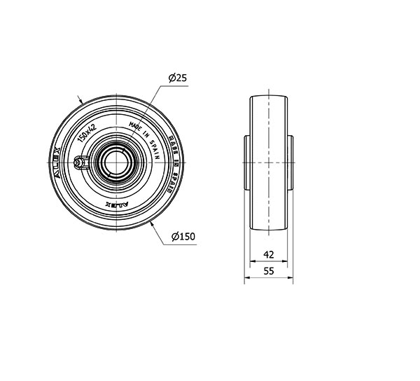 RUEDA POB150-25-55 NUCLEO NYLON BLANCO Y BANDA POLIUR.ROJO EJE BOLAS