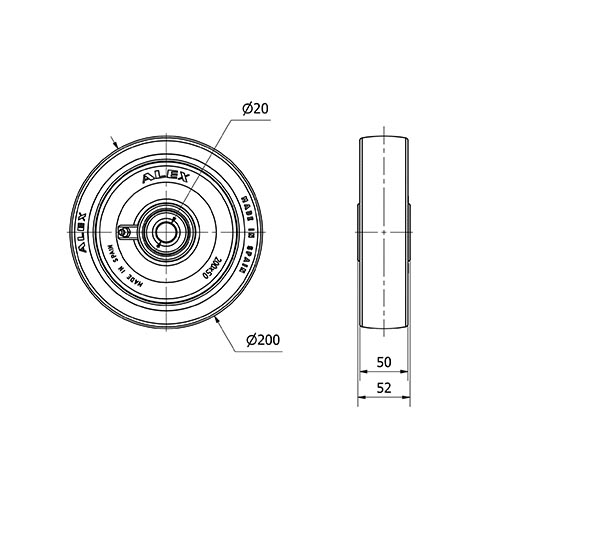 RUEDA POB200-20-60 NUCLEO NYLON BLANCO Y BANDA POLIUR.ROJO EJE BOLAS
