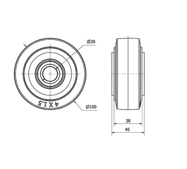 RUEDA HGB100-20-45 NUCLEO HIERRO Y BANDA GOMA NEGRA NATURAL BOLAS