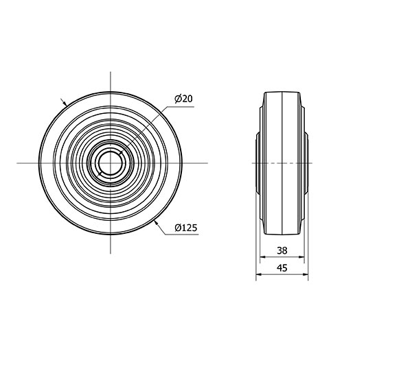 RUEDA HGB125-20-45 NUCLEO HIERRO Y BANDA GOMA NEGRA NATURAL BOLAS