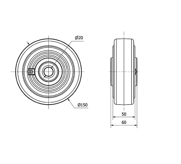 RUEDA HGB150-20-61 NUCLEO HIERRO Y BANDA GOMA NEGRA NATURAL BOLAS