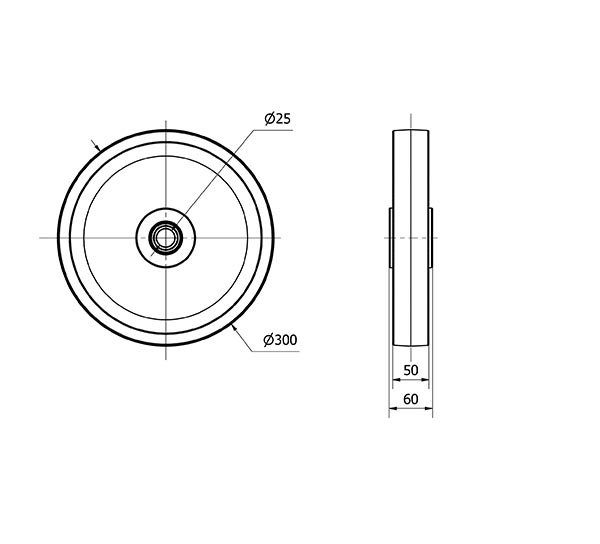 RUEDA HGB300-25-61 NUCLEO HIERRO Y BANDA GOMA NEGRA NATURAL BOLAS