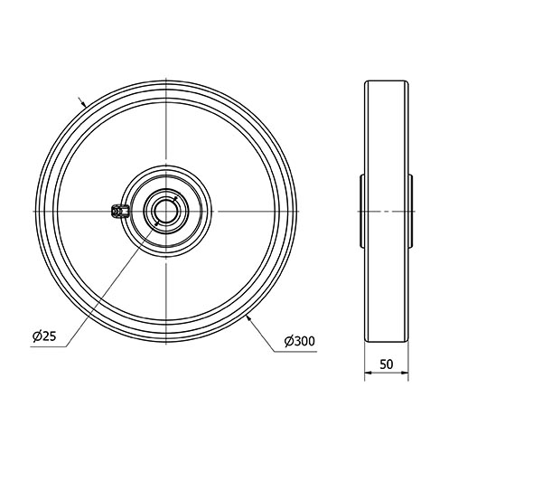RUEDA HUB300-25-60 NUCLEO HIERRO Y BANDA POLIUR.NARANJA EJE BOLAS