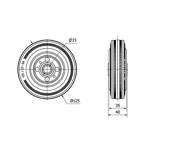 RUEDA BSR125-15-40 NUCLEO METALICO Y BANDA GOMA NEGRA EJE RODILLOS