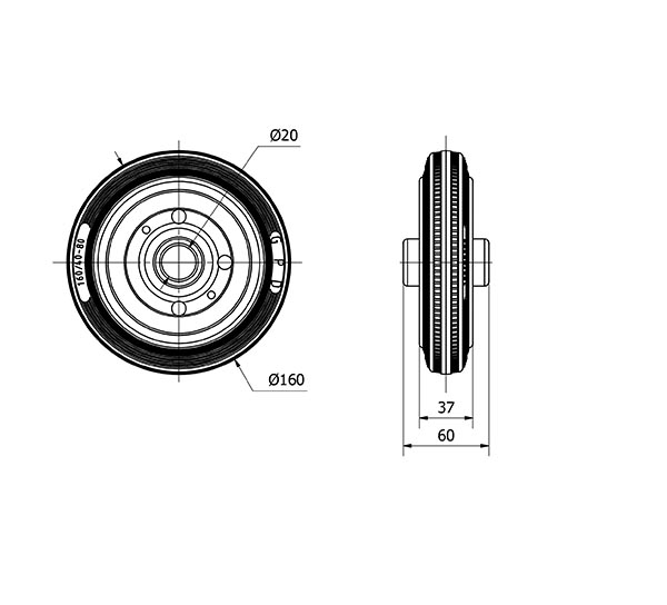 RUEDA BSR160-20-60 NUCLEO METALICO Y BANDA GOMA NEGRA EJE RODILLOS
