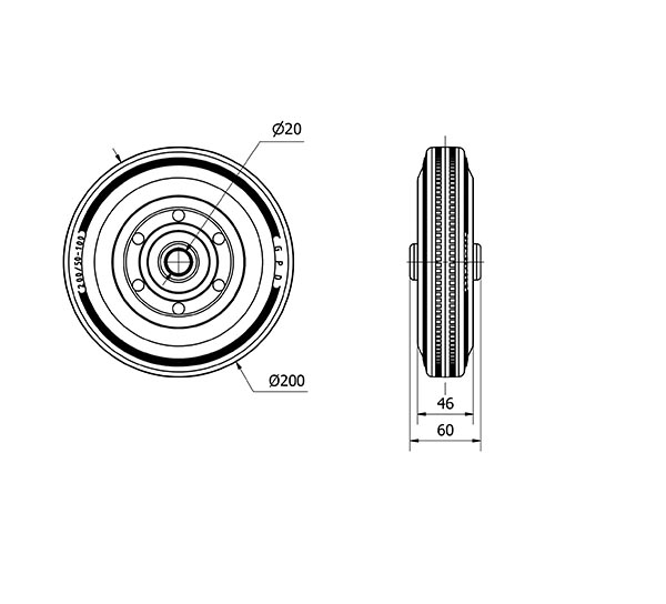 RUEDA BSR200-20-60 NUCLEO METALICO Y BANDA GOMA NEGRA EJE RODILLOS