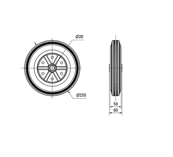 RUEDA BSR250-20-60 NUCLEO METALICO Y BANDA GOMA NEGRA EJE RODILLOS