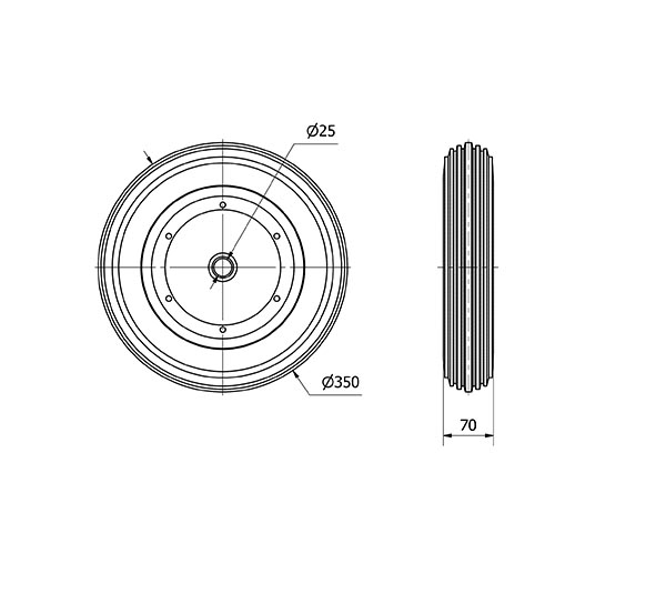 RUEDA CAN350-25-60 NUCLEO METALICO Y BANDA GOMA NEGRA EJE LISO