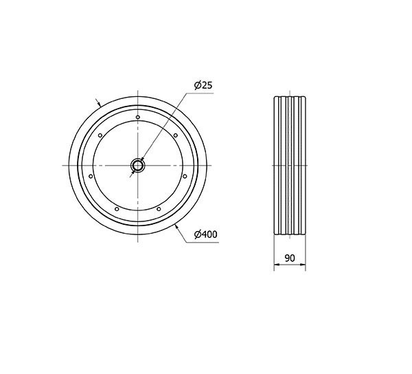 RUEDA CAN400-25-80 NUCLEO METALICO Y BANDA GOMA NEGRA EJE LISO