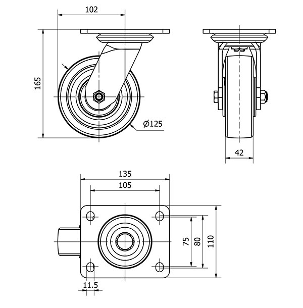 R.GIR.PLACA 10SL125-FTB NYLON BLANCO EXTRAFUERTE EJE BOLAS