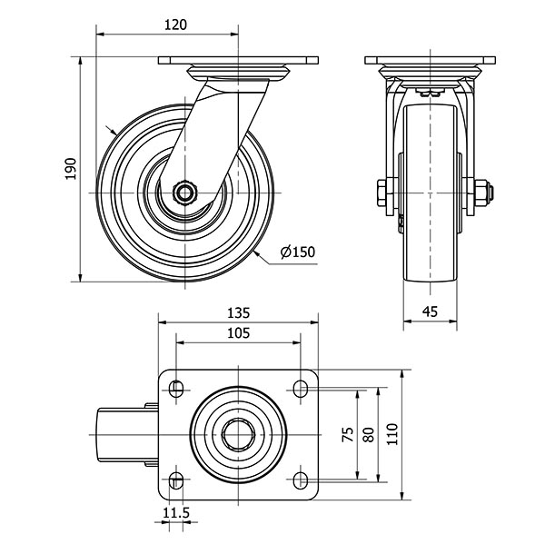 R.GIR.PLACA 10SL150-FTB NYLON BLANCO EXTRAFUERTE EJE BOLAS