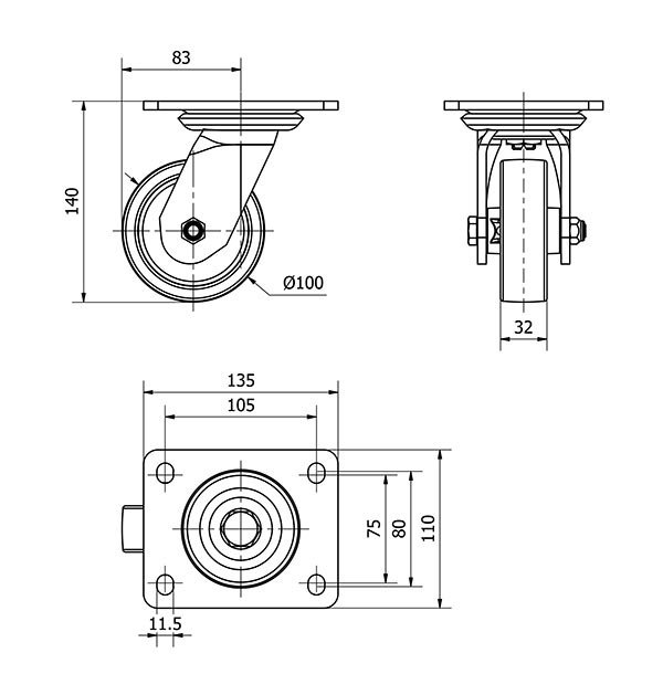 R.GIR.PLACA 10SL100-FT NYLON BLANCO EXTRAFUERTE EJE LISO