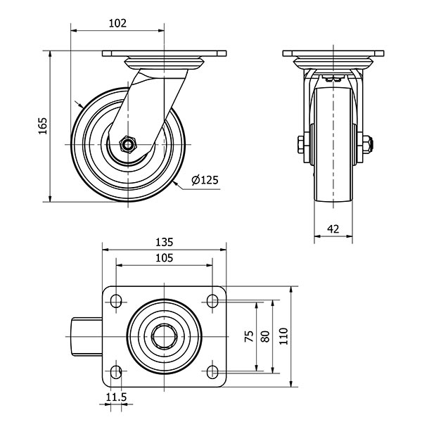 R.GIR.PLACA 10SL125-FT NYLON BLANCO EXTRAFUERTE EJE LISO