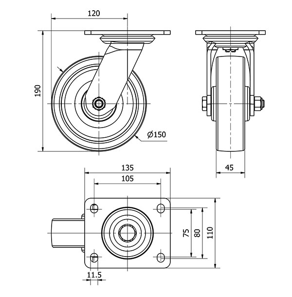 R.GIR.PLACA 10SL150-FT NYLON BLANCO EXTRAFUERTE EJE LISO