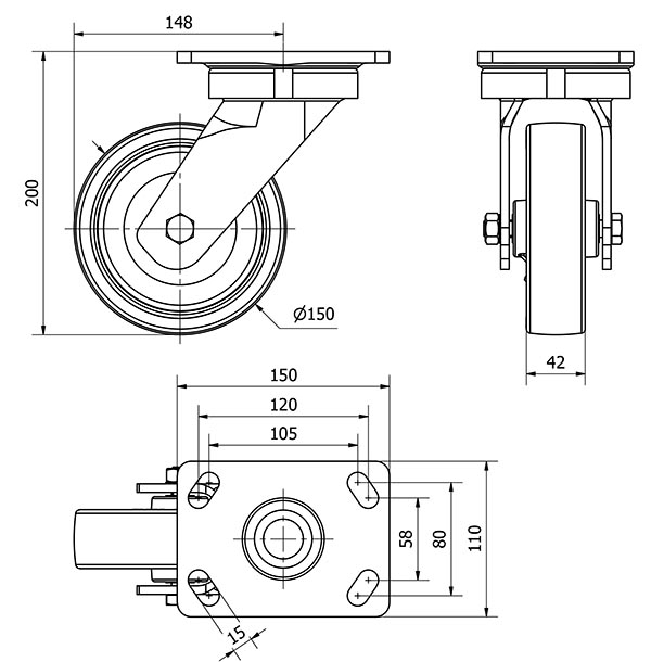 R.GIR.10GT150-PO NYLON BLANCO-POLIUR.ROJO EJE LISO