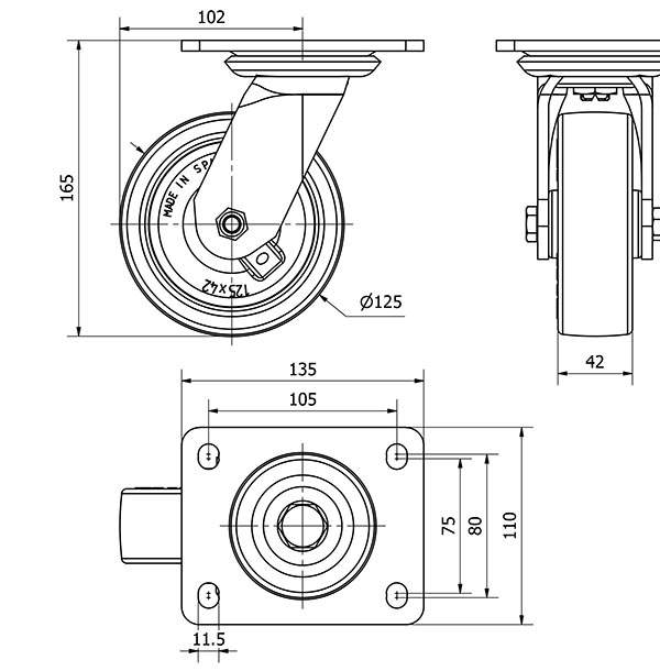 R.GIR.PLACA 10SL125-PO NYLON BLANCO-POLIUR.ROJO EJE LISO