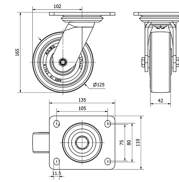 R.GIR.PLACA 10SL125-POB NYLON BLANCO-POLIUR.ROJO EJE BOLAS