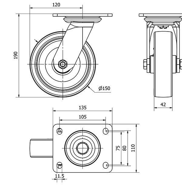 R.GIR.PLACA 10SL150-PO NYLON BLANCO-POLIUR.ROJO EJE LISO