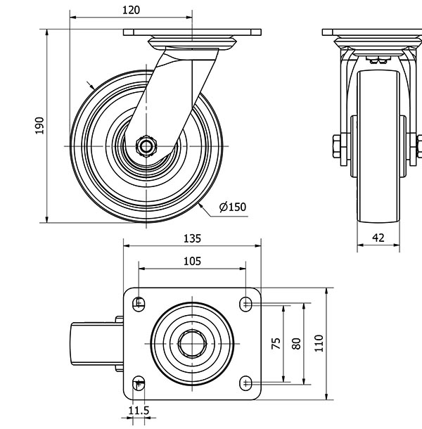 R.GIR.PLACA 10SL150-POB NYLON BLANCO-POLIUR.ROJO EJE BOLAS