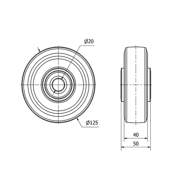 RUEDA DEB125-20-50 NUCLEO ALUMINIO Y BANDA GOMA NEGRA ELASTICA BOLAS