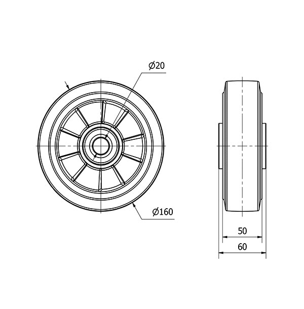 RUEDA DEB160-20-60 NUCLEO ALUMINIO Y BANDA GOMA NEGRA ELASTICA BOLAS