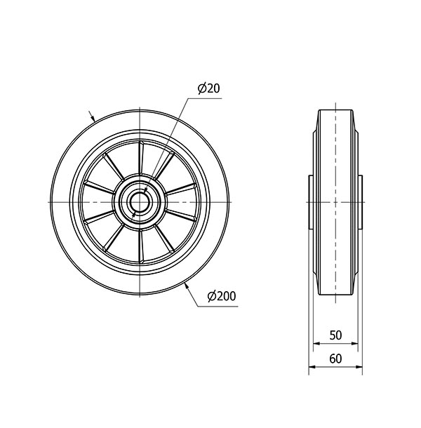 RUEDA DEB200-20-60 NUCLEO ALUMINIO Y BANDA GOMA NEGRA ELASTICA BOLAS