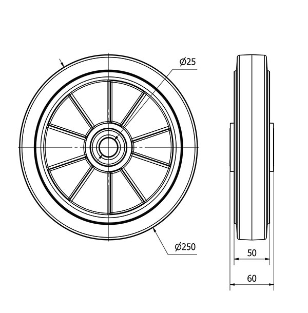 RUEDA DEB250-25-60 NUCLEO ALUMINIO Y BANDA GOMA NEGRA ELASTICA BOLAS