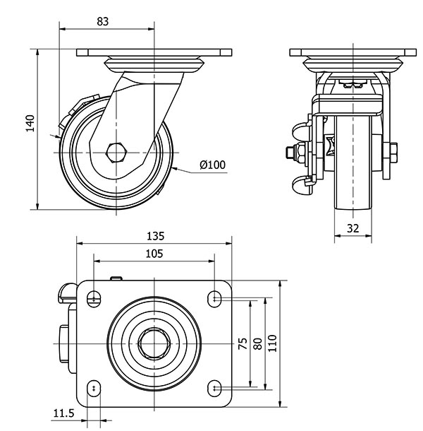 R.GIR.PLACA FRENO 10SLFN100-FT NYLON BLANCO EXTRAFUERTE EJE LISO