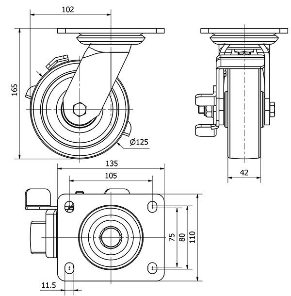 R.GIR.PLACA FRENO 10SLFN125-FT NYLON BLANCO EXTRAFUERTE EJE LISO