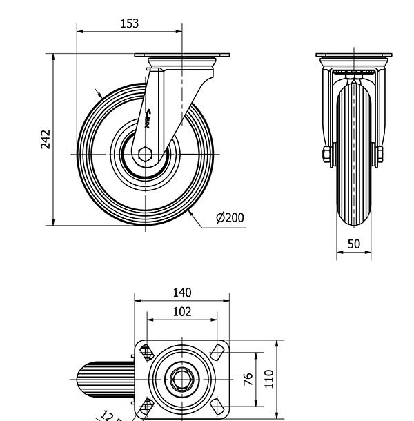 R.GIR.PLACA 10ZV200-RILR METALICO-NEUMATICA GRIS EJE RODILLOS