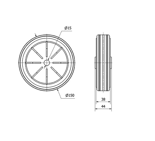 RUEDA PI150-15-44 NUCLEO POLIAMIX Y BANDA GOMA NEGRA EJE LISO