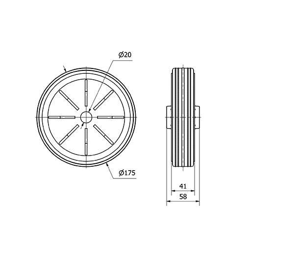 RUEDA PI175-20-58 NUCLEO POLIAMIX Y BANDA GOMA NEGRA EJE LISO