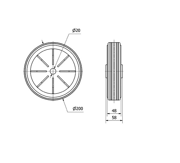 RUEDA PI200-20-58 NUCLEO POLIAMIX Y BANDA GOMA NEGRA EJE LISO