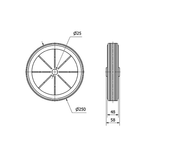 RUEDA PI250-25-58 NUCLEO POLIAMIX Y BANDA GOMA NEGRA EJE LISO