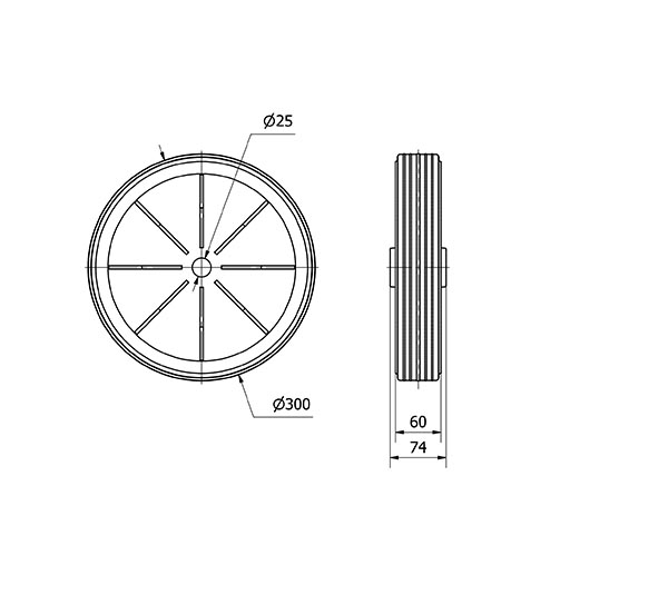 RUEDA PI300-25-72 NUCLEO POLIAMIX Y BANDA GOMA NEGRA EJE LISO