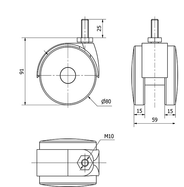 R.GIR.ESPIGA ROSCADA M10x25 50DKG80 POLIAMIX NEGRO