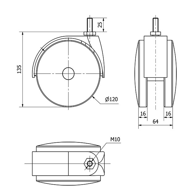 R.GIR.ESPIGA ROSCADA M10x25 50DKG120 POLIAMIX NEGRO