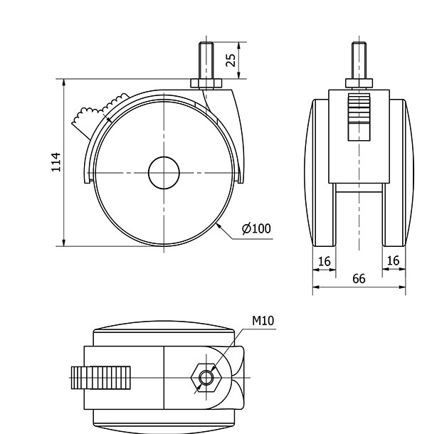R.GIR.ESPIGA ROSCADA M10x25 FRENO 50DKGF100 POLIAMIX NEGRO