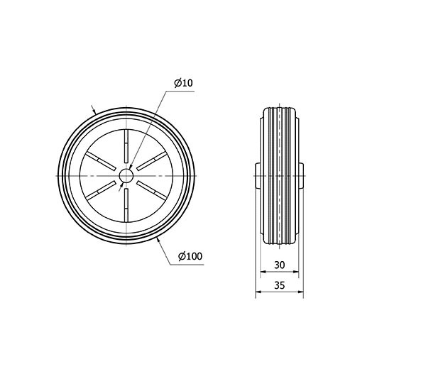 RUEDA PI100-10-35 NUCLEO POLIAMIX Y BANDA GOMA NEGRA EJE LISO