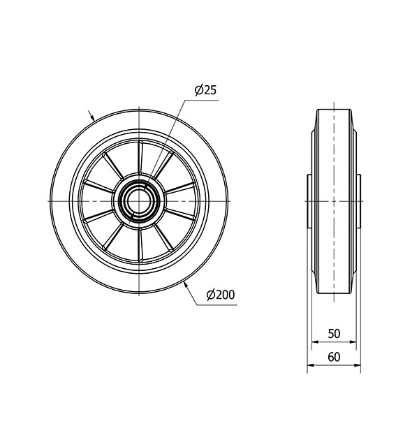 RUEDA DEB200-25-60 NUCLEO ALUMINIO Y BANDA GOMA NEGRA ELASTICA BOLAS