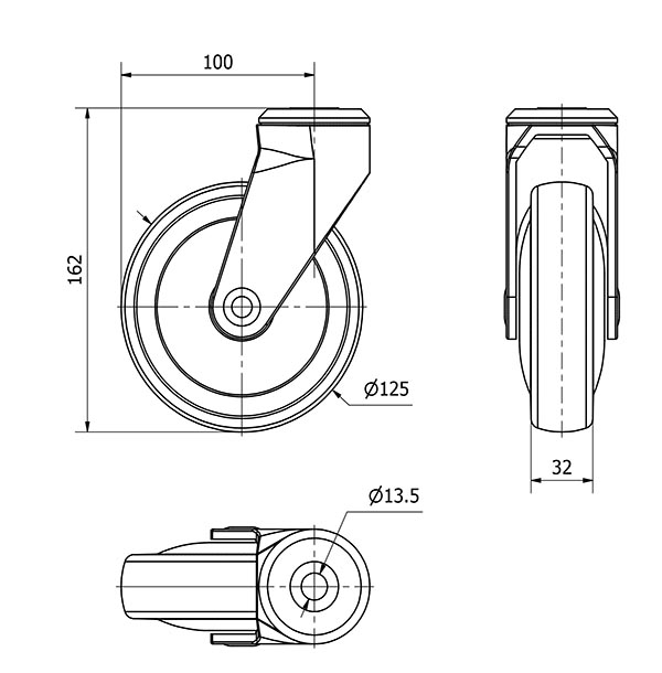 R.GIR.AGUJERO M12 PLASTICO 20AN125CP-AN POLIUR.GRIS EJE BOLAS
