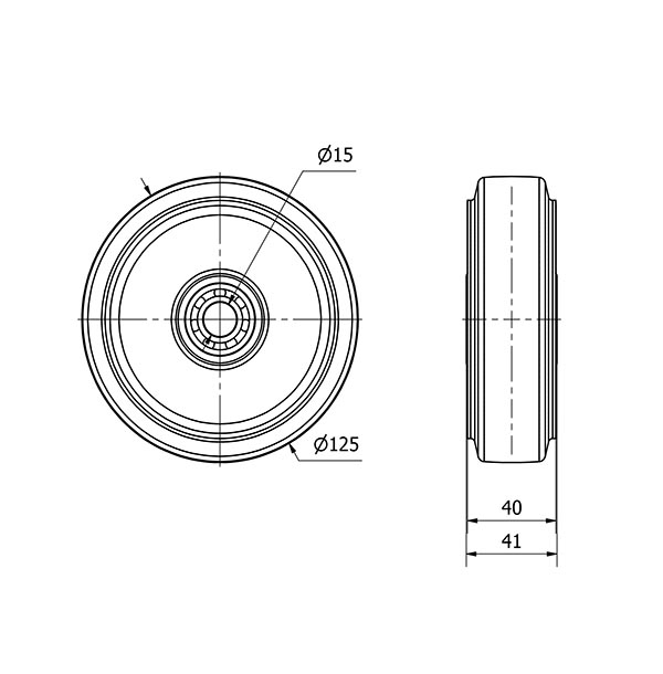 RUEDA DEB125-15-41 NUCLEO ALUMINIO Y BANDA GOMA NEGRA ELASTICA BOLAS