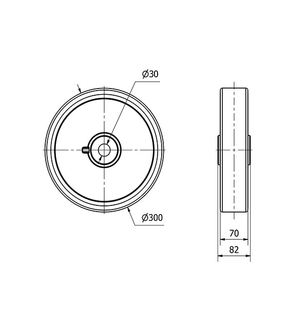 RUEDA HUN300-30-82 NUCLEO HIERRO Y BANDA POLIUR.NARANJA EJE LISO