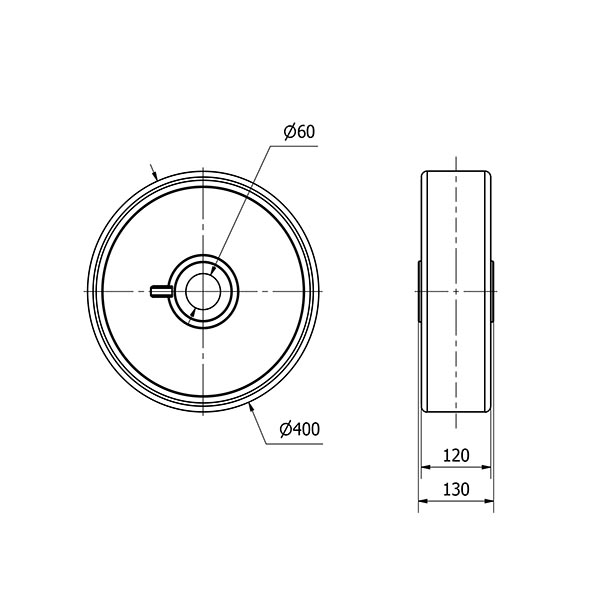 RUEDA HUN400-60-130 NUCLEO HIERRO Y BANDA POLIUR.NARANJA EJE LISO