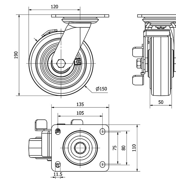 R.GIR.PLACA FRENO 10SLFN150-HGB HIERRO-GOMA NEGRA NATURAL EJE BOLAS