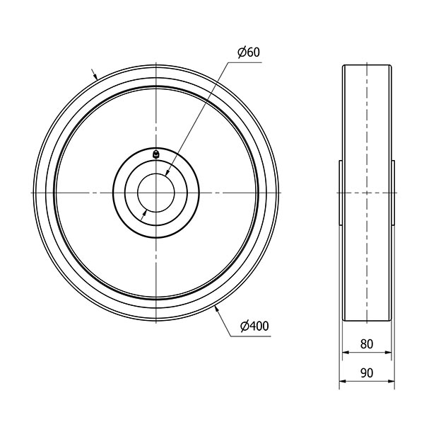 RUEDA HUN400-60-90 NUCLEO HIERRO Y BANDA POLIUR.NARANJA EJE LISO