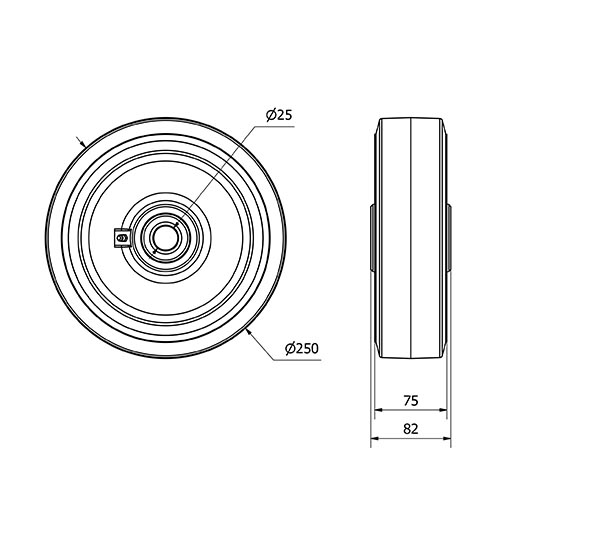 RUEDA HGB250-25-75 NUCLEO HIERRO Y BANDA GOMA NEGRA NATURAL BOLAS