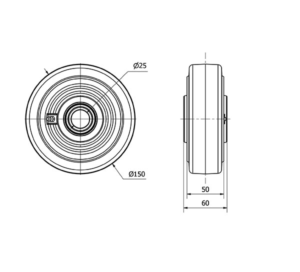 RUEDA HGB150-25-61 NUCLEO HIERRO Y BANDA GOMA NEGRA NATURAL BOLAS